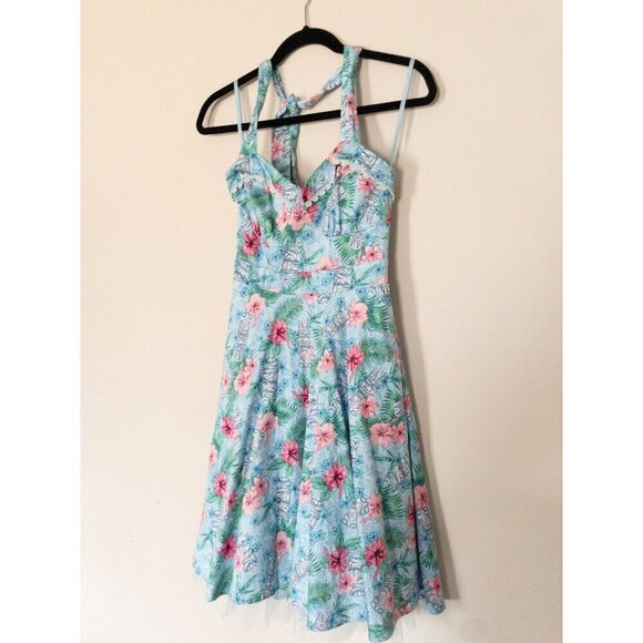 Hot Topic Blue Floral Tiki Swing Dress Retro Hawaiian Tropical SZ XS - Picture 4 of 11